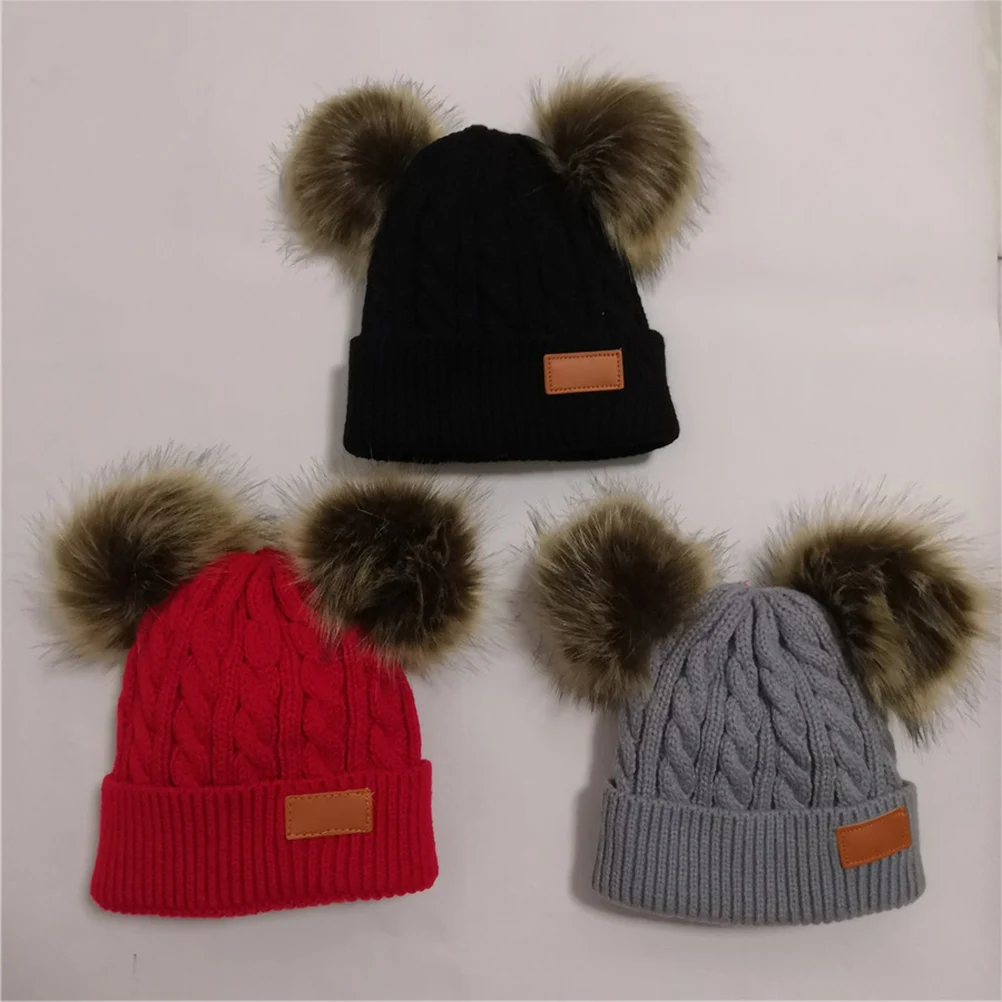 

Double Pompom Childrens Knitted Hat Ultra Soft Warm Kids Cap Fashion Winter Beanie Girls Boys Ear Protection Hat Pink