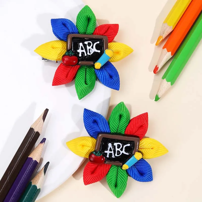 ncmama 2Pcs ABC Letter Print Hairpin Flower Hair Clip for Kids Girls Handmade Flower Barrettes Back To School Hair Accessories