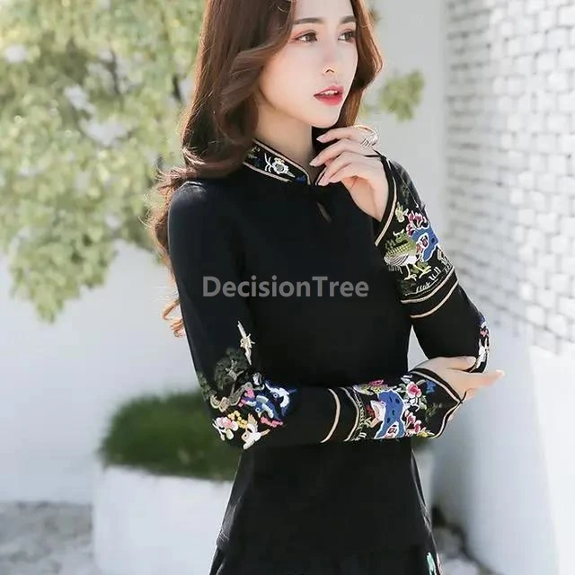 

2025 элегантный топ Ципао с вышивкой в этническом стиле, литературное искусство, ретро, китайский женский топ, хлопковая рубашка с длинными рукавами и воротником-стойкой