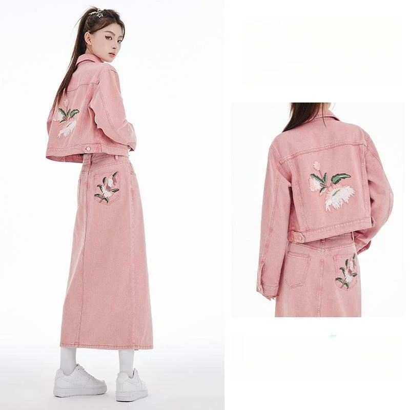 

Chic Pink Women Denim Jacket Set Spring Autumn Flower Embroidery Short Jacket Split Mid-length Skirt Hot Girl Casual Suit
