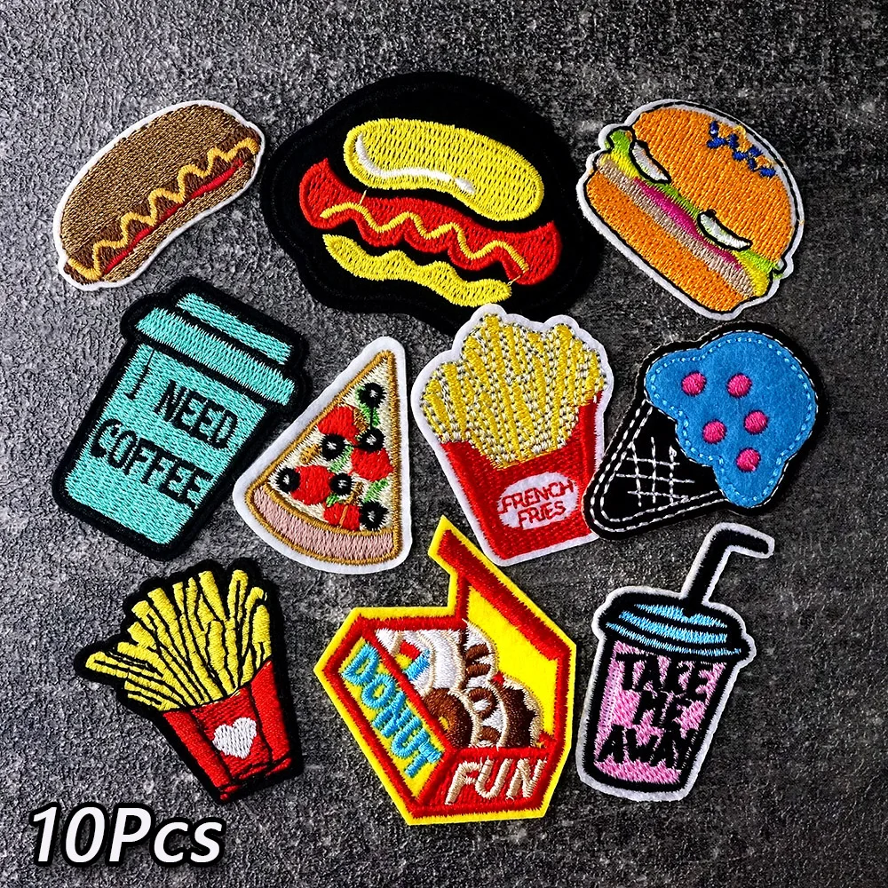 10pcs/Lot French Fries Pizza Patches for Clothing Badges Clothes Embroidery Applique Ironing Sewing Supplies Decorative Parche