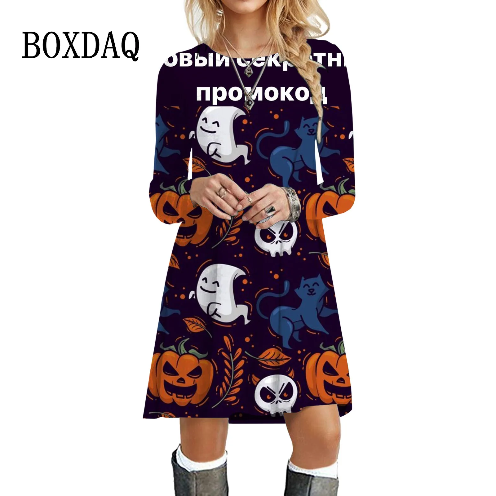 Funny 3D Pumpkin Print Women Dress New Long Sleeve Halloween Dress Autumn Winter Oversized Loose Clothing Casual Mini Dress 2023