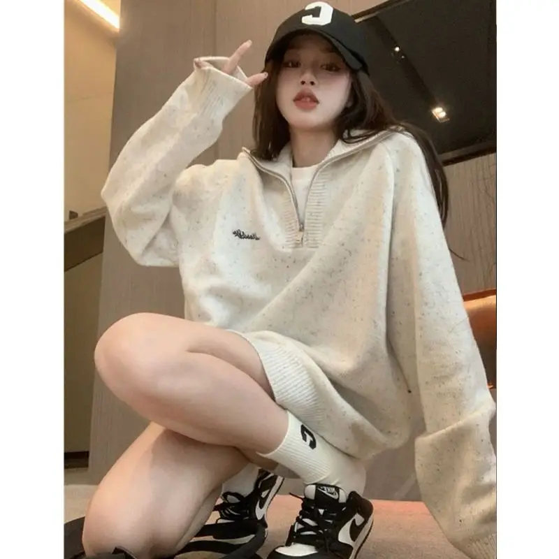 Deeptown Vintage Distressed Sweater Women Korean Style Half Zip-up Knit Female Jumper Japanese Fashion Preppy Knitwear Oversized