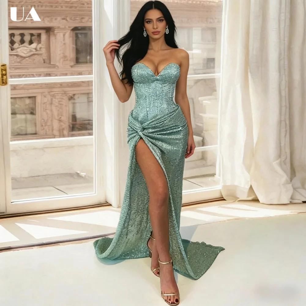 

ULBYANRY Sparkly Sweetheart Neck Sleeveless Prom Dress, Customized Gathered Evening Dress, Sexy Sheath High-slit Party Dress