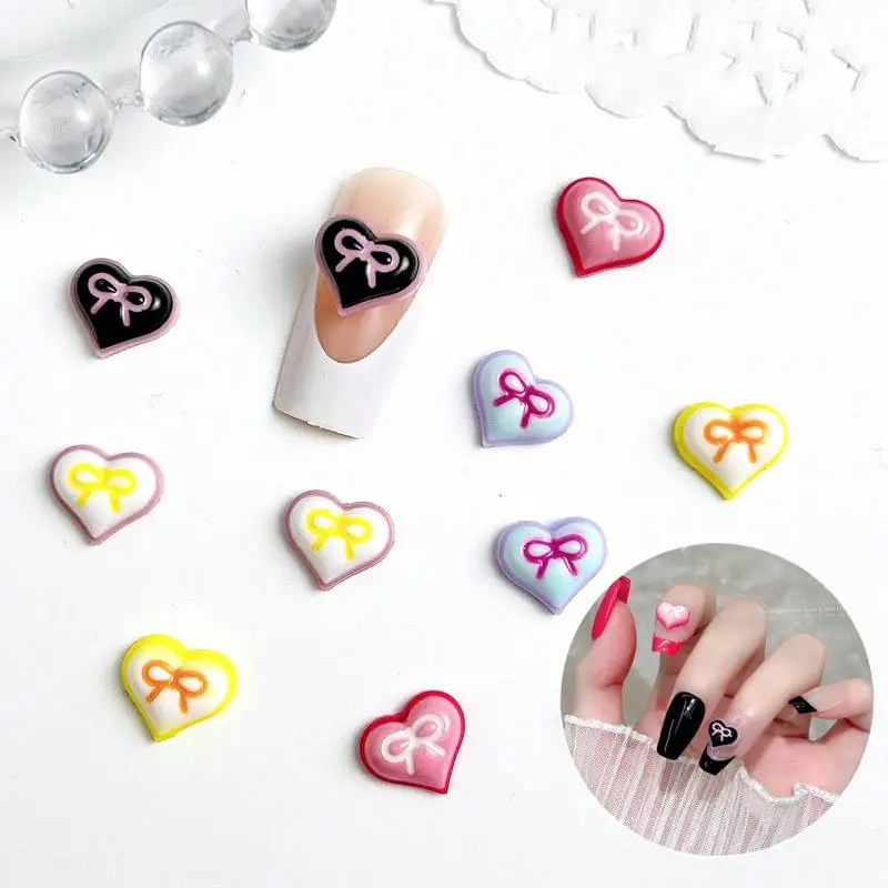 

30Pcs 3D Colorful Resin Heart Nail Art Decorations Painted Lines Bows Flat Bottomed Nail Charms Accessories for Manicure DIY