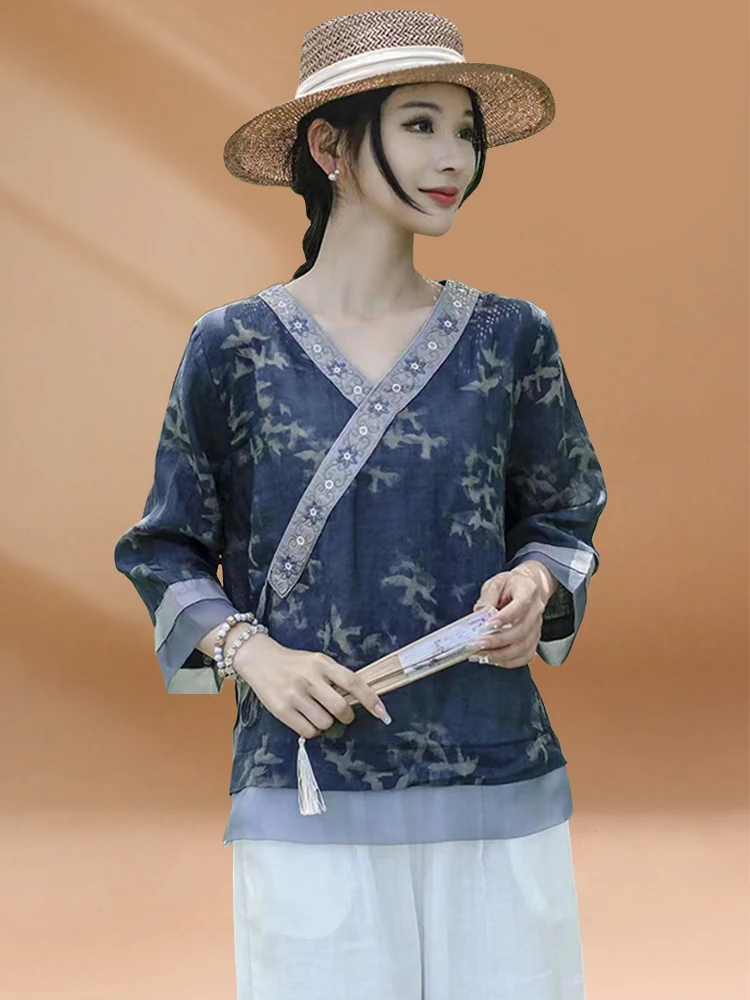 

Рубашка-туника в китайском ретро-стиле с принтом, контрастной строчкой, шелковым V-образным вырезом и рукавом 3/4, женская художественная блузка