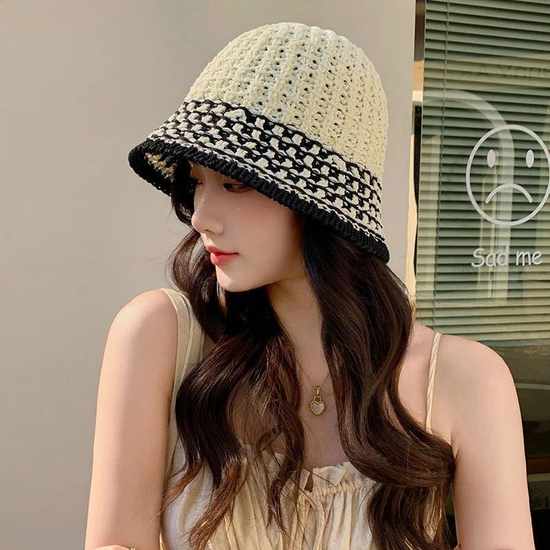 

Beach Korean Straw Hat Summer Women Visor Breathable Chic Bucket Hats Fisherman Cap Hand Weaving Girl Fishing Sun Caps For Women