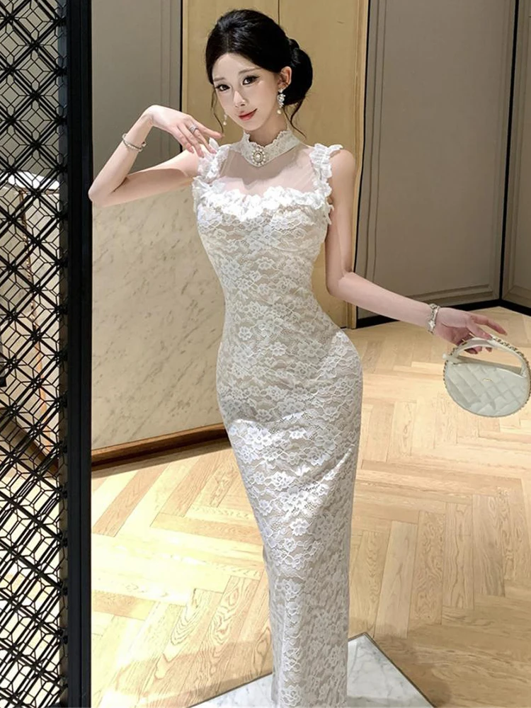 Elegantes Blumen-Spitzen-Maxikleid Sommer Damen Transparentes Sexy Ärmelloses Figurbetontes Kleid Vestidos Robe für Dates Partys Abschlussball Urlaub Strand