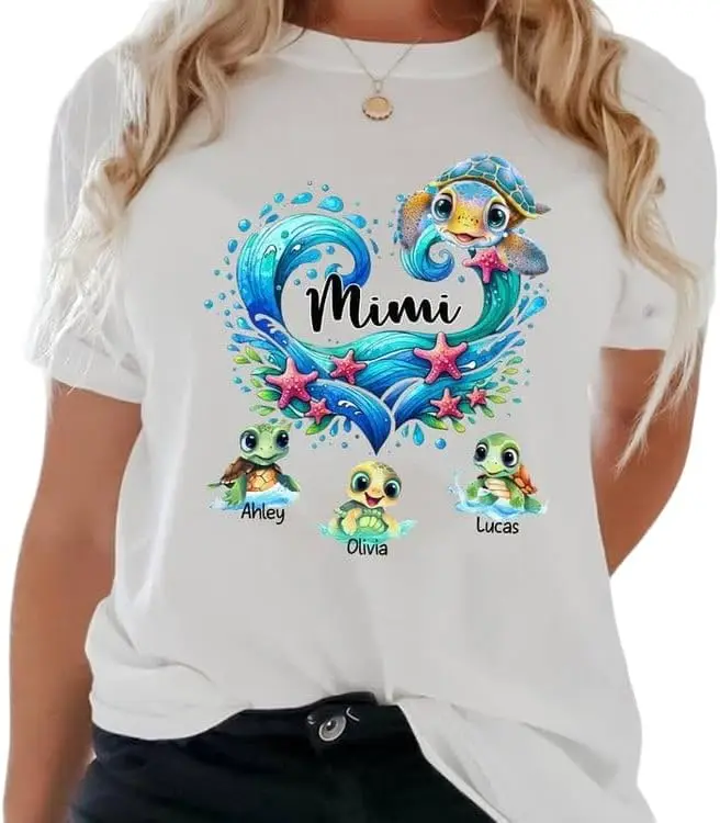 

Custom T-Shirt - Nana, Grandma, Mom Sea Turtle T-Shirt, Personalized Grandkids Name Tshirt, for Her, Mom, Grandma Black, Large