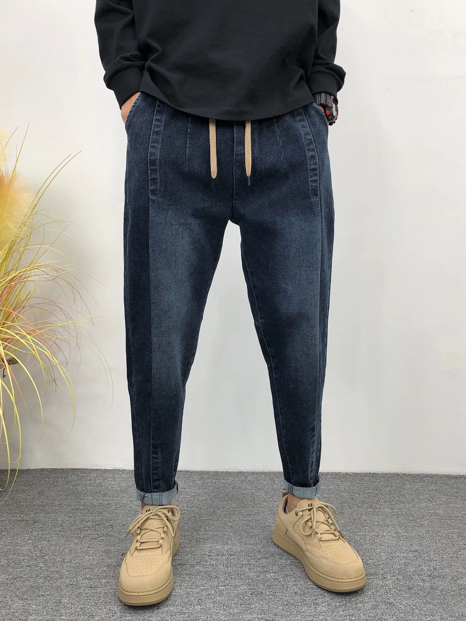 

Men's Spring Autumn Loose Fit Dad Jeans Slim Straight Harlan Nine Point Casual Trendy Cotton Polyester Spandex Elastic Waist