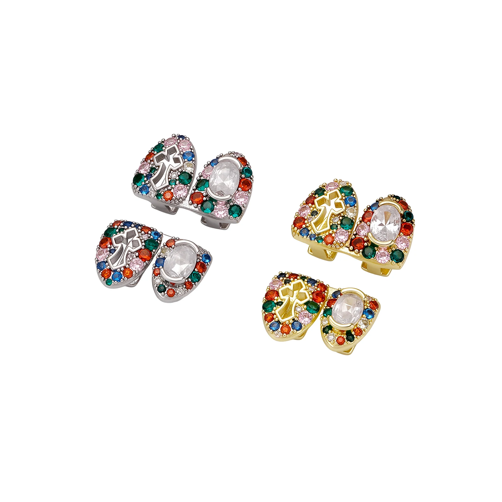 JINAO Hip-Hop Upside-Down Doppelzähne Iced Rainbow Hollow Holy Cross CZ Grillz Ober- und Unterkiefer Glänzendes Grill-SET Punk Rapper Weihnachtsgeschenk – Detail 8