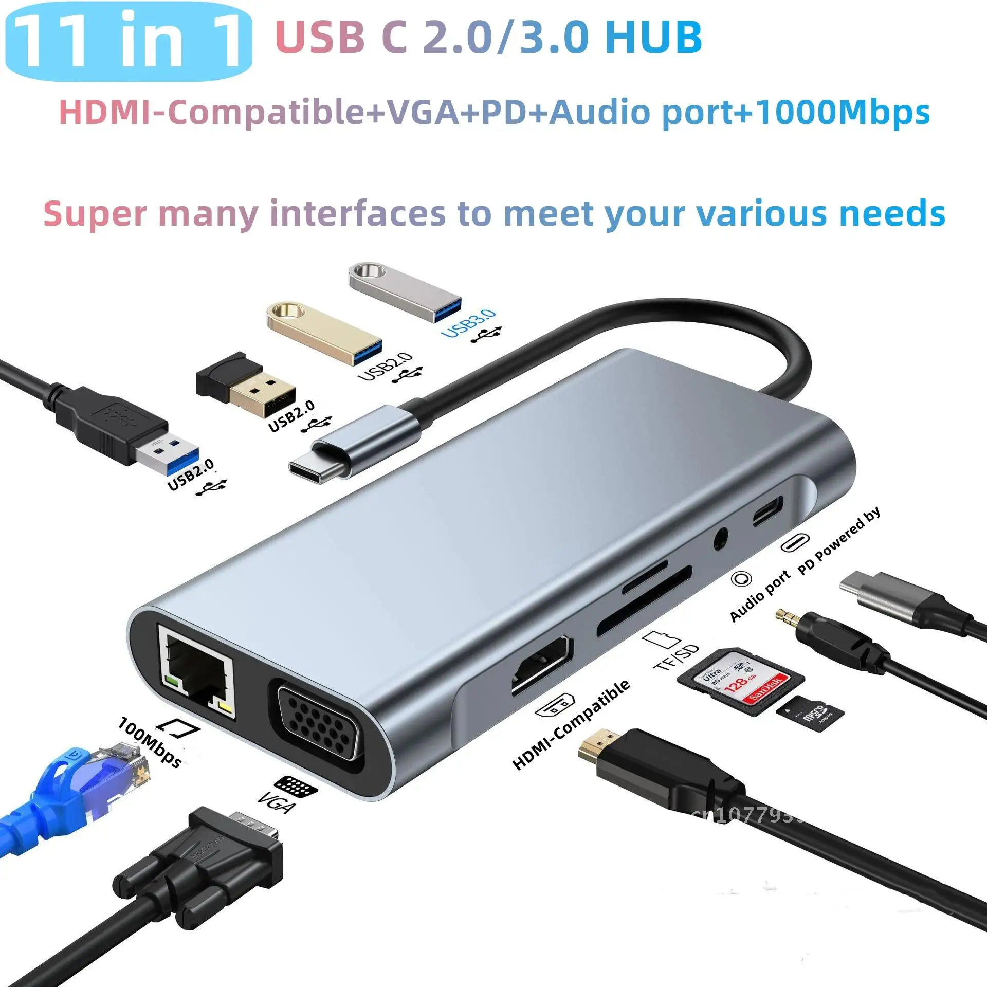 

11 in 1 USB C HUB 4K Type C to HDMI-compatible VGA Rj45 USB 3.0 PD 100W Adapter Type C Docking For Macbook Air Pro HUB USB Type