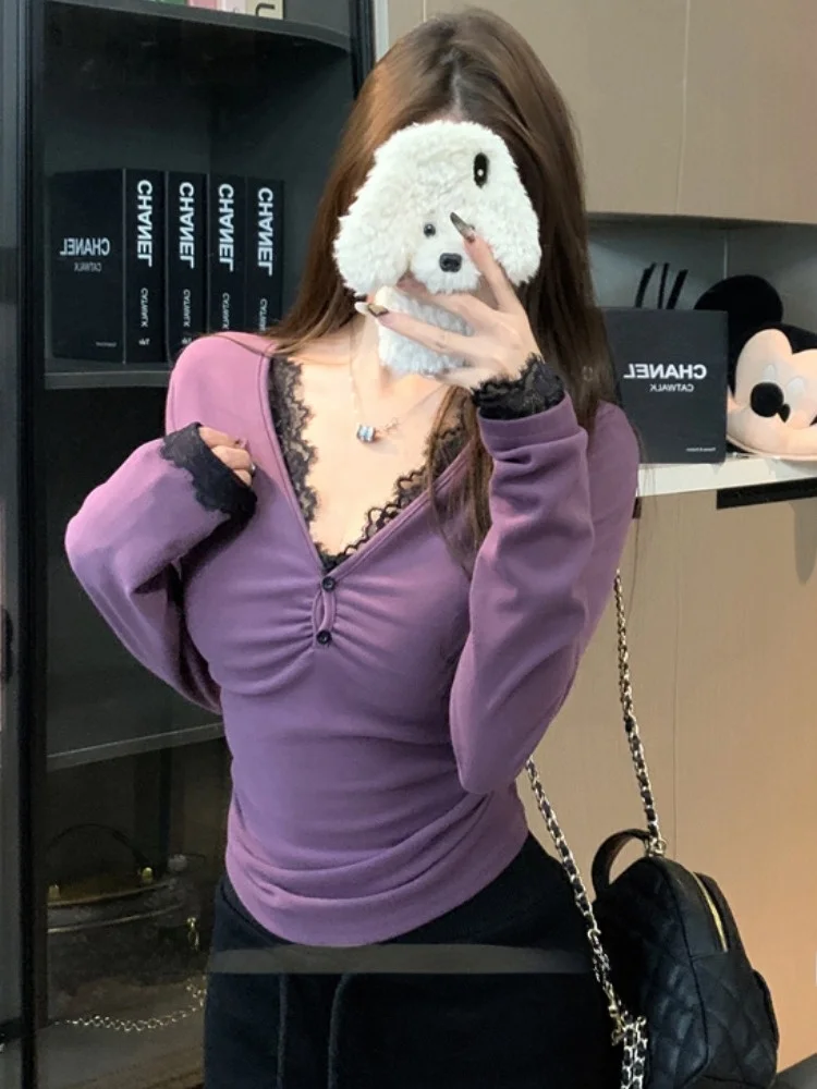 

Fashionable V-neck Button Lace Patchwork Slim-fit T-shirt Purple Autumn Winter New Style Folded Design Girl's Skin-friendly B...