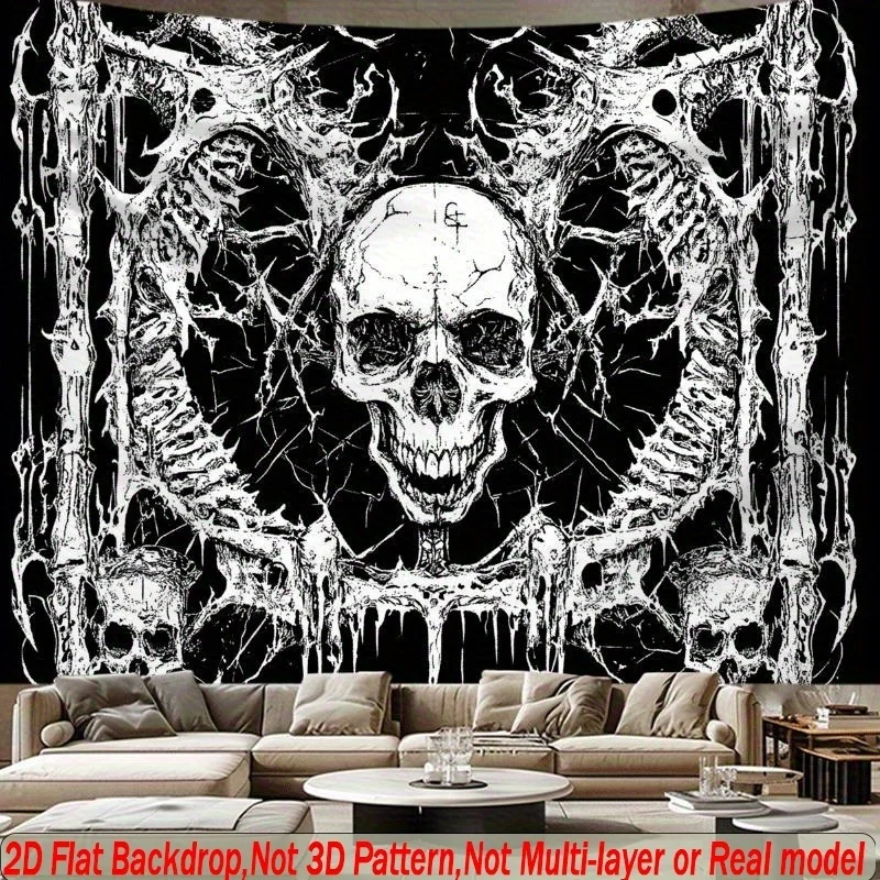 Gothic Skull Dragon Tapestry, Dark Fantasy Wall Hanging, Heavy Metal Room Decor, Black White Skeleton Blanket, Cool Gift