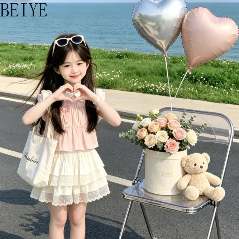 Summer Fashion Style Suit for Girls New Design Sweet Children's Pink Two Piece Set Japanese Style Flying Sleeve Lace Outfits
