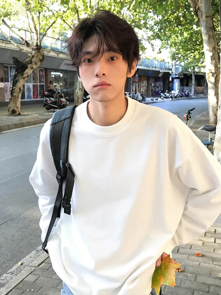 

White Heavyweight Pure Cotton Long Sve Men's T-irt round Ne Base irt American Sle Inner Wear Sweatirt for Autumn...
