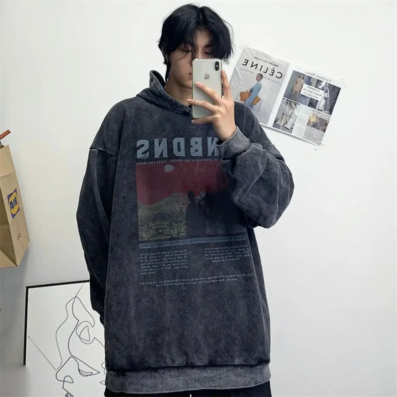 

American Retro Old 2022 New Autumn and Winter Hooded Sweater Men and Women Oversize Sunset Design Sense Niche Loose bf Lazy Wind