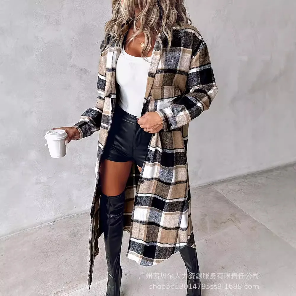 

Women's Clothing Plaid Flannel Long Shirt Coat Loose Trench Single Breasted Button Autumn Winter Cardigan