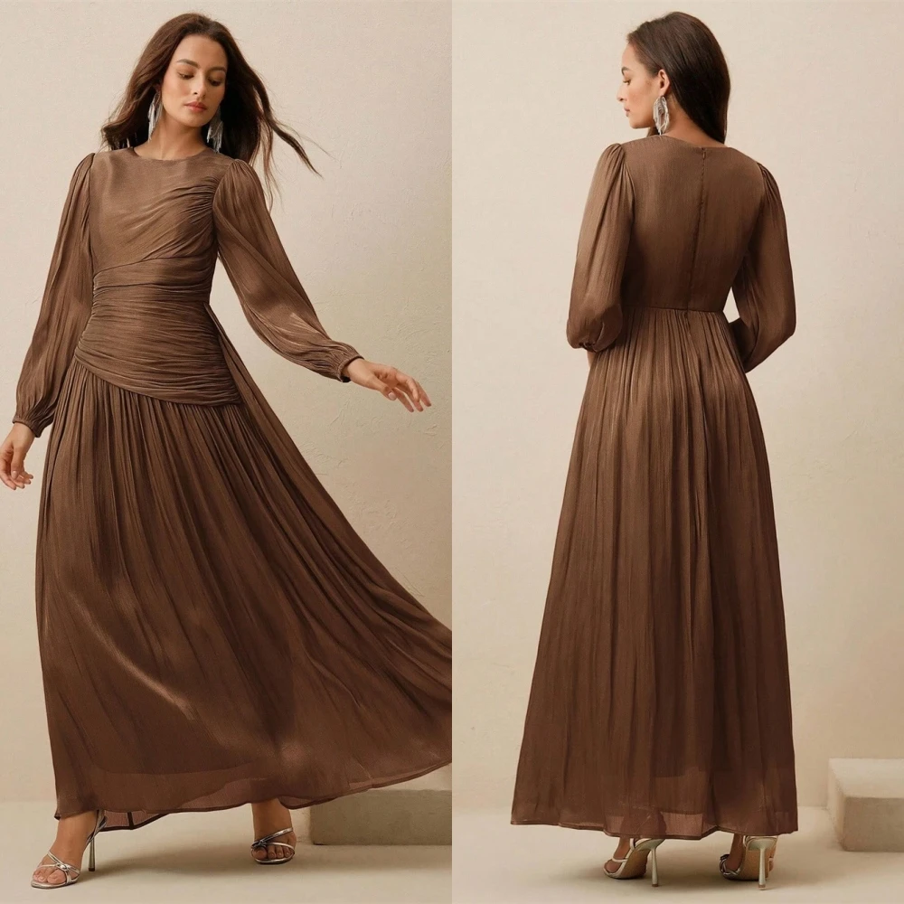 

Customized Delicate brownness Chiffon Evening Dress Temperament Crew Neck Long Sleeves Zipper Back Special Occasion Gowns