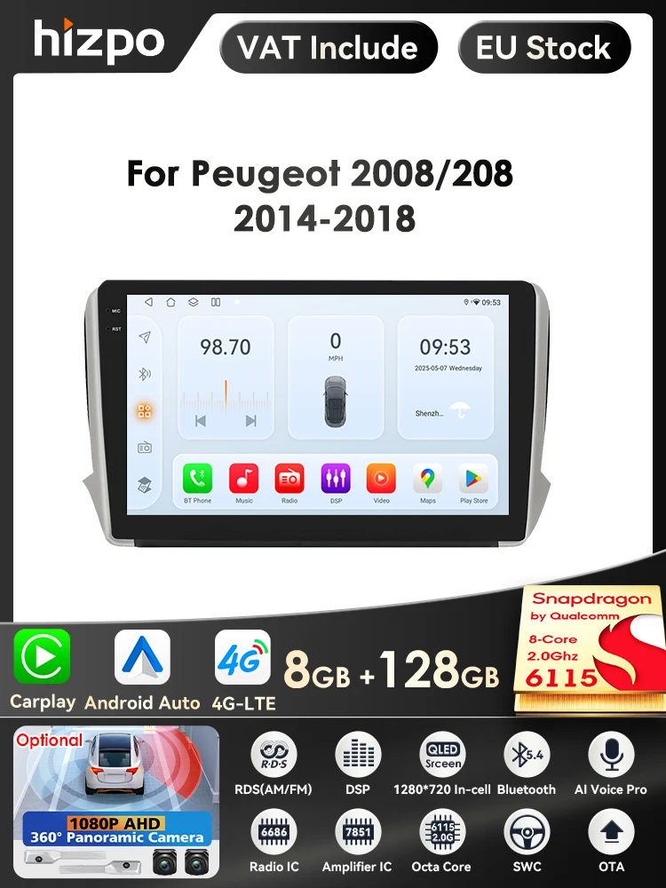 2 Din Android 14 Auto Multimedia Speler voor Peugeot 208 2008 Serie 2012-2018 Navigatie GPS AutoRadio Stereo DSP BT SWC DVR Cam - afbeelding 2