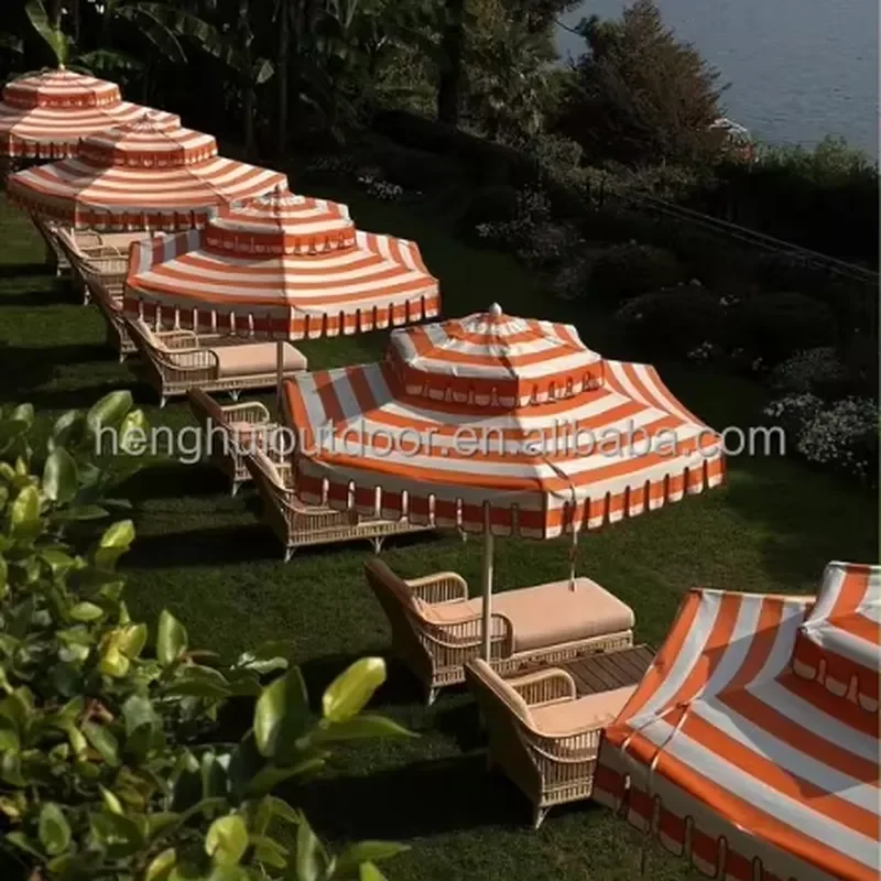 Luxury Striped Outdoor Garden Umbrella Vintage Beach Parasol with Wave Edge and Wooden Pole, Windproof, Perfect for Garden