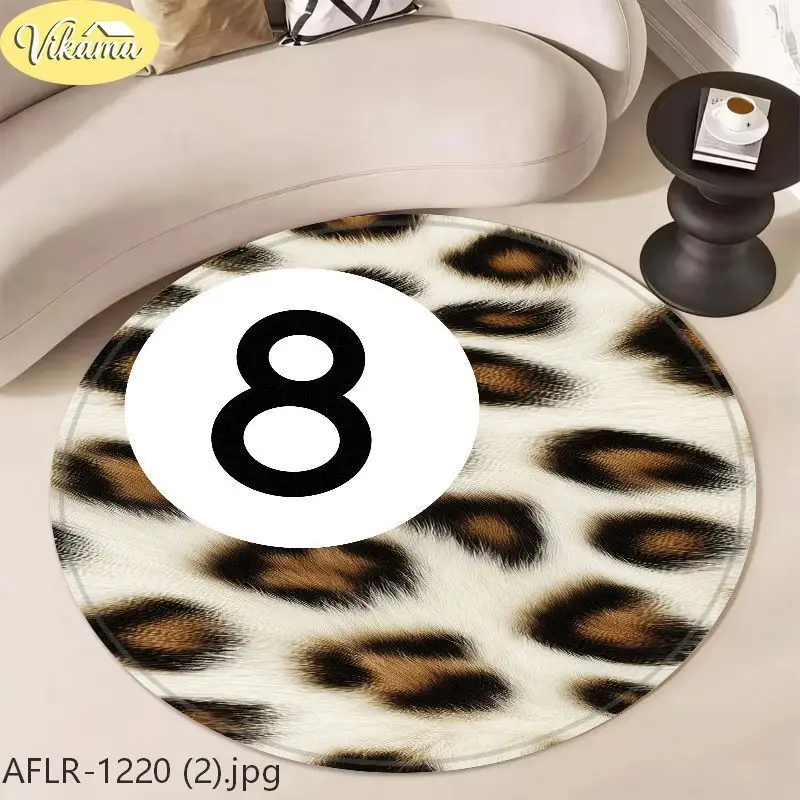 VIKAMA White Leopard Print 8 Ball Round Rug Non Slip Washable Circle Mat For Living Room Bedroom Gaming Room Decor