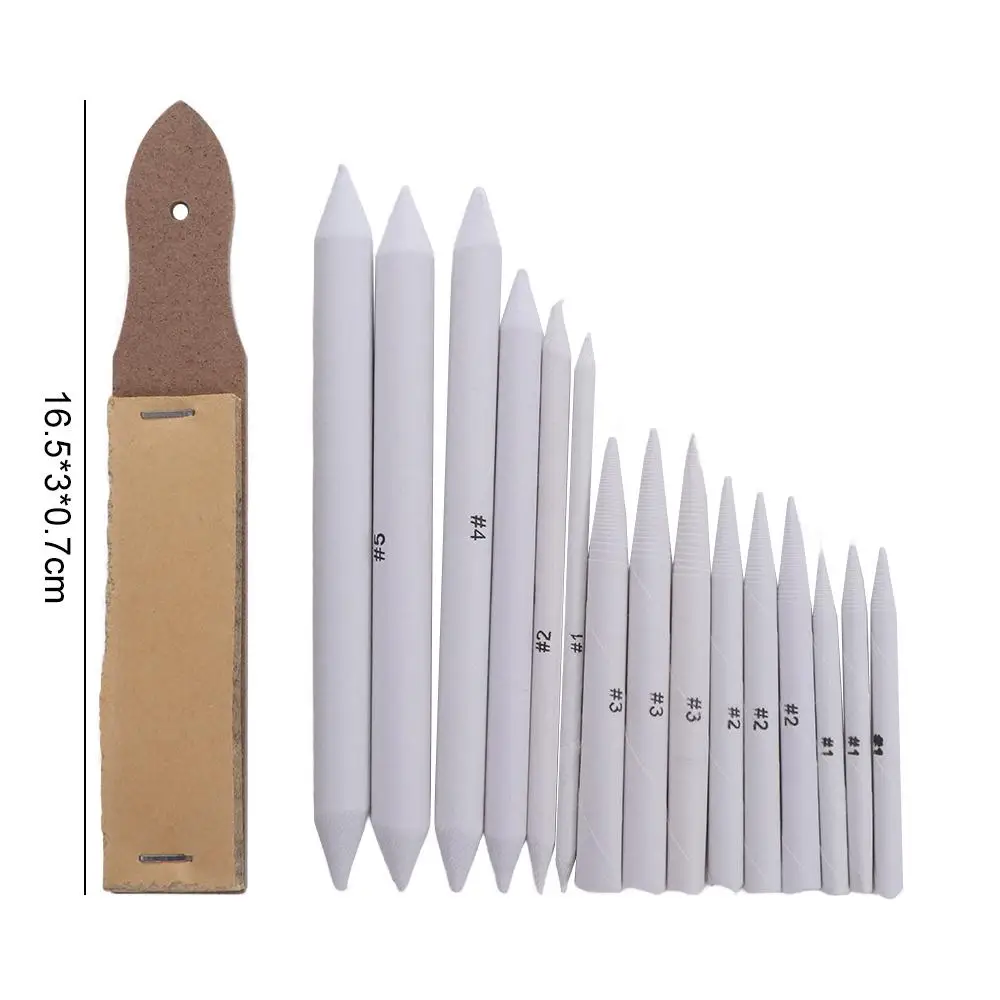 16pcs Solid Blending Stump and Tortillion Set Durable Multiple Size Pencil Blending Sticks with Sandpaper Pencil Sharpener