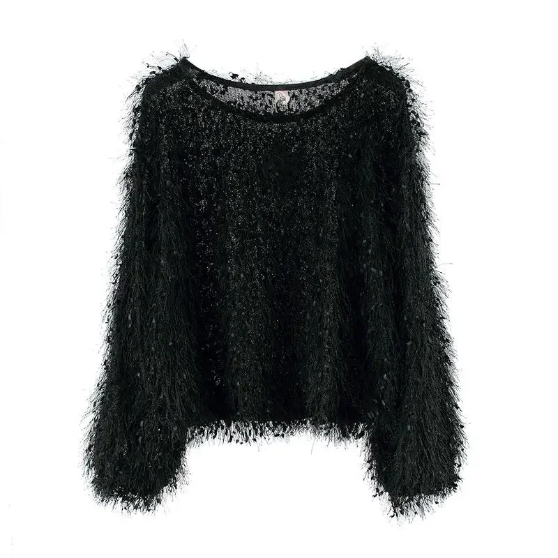 Blouse Women Tassel Long Sleeve Top O-neck Short Furry Blusas Ropa De Mujer