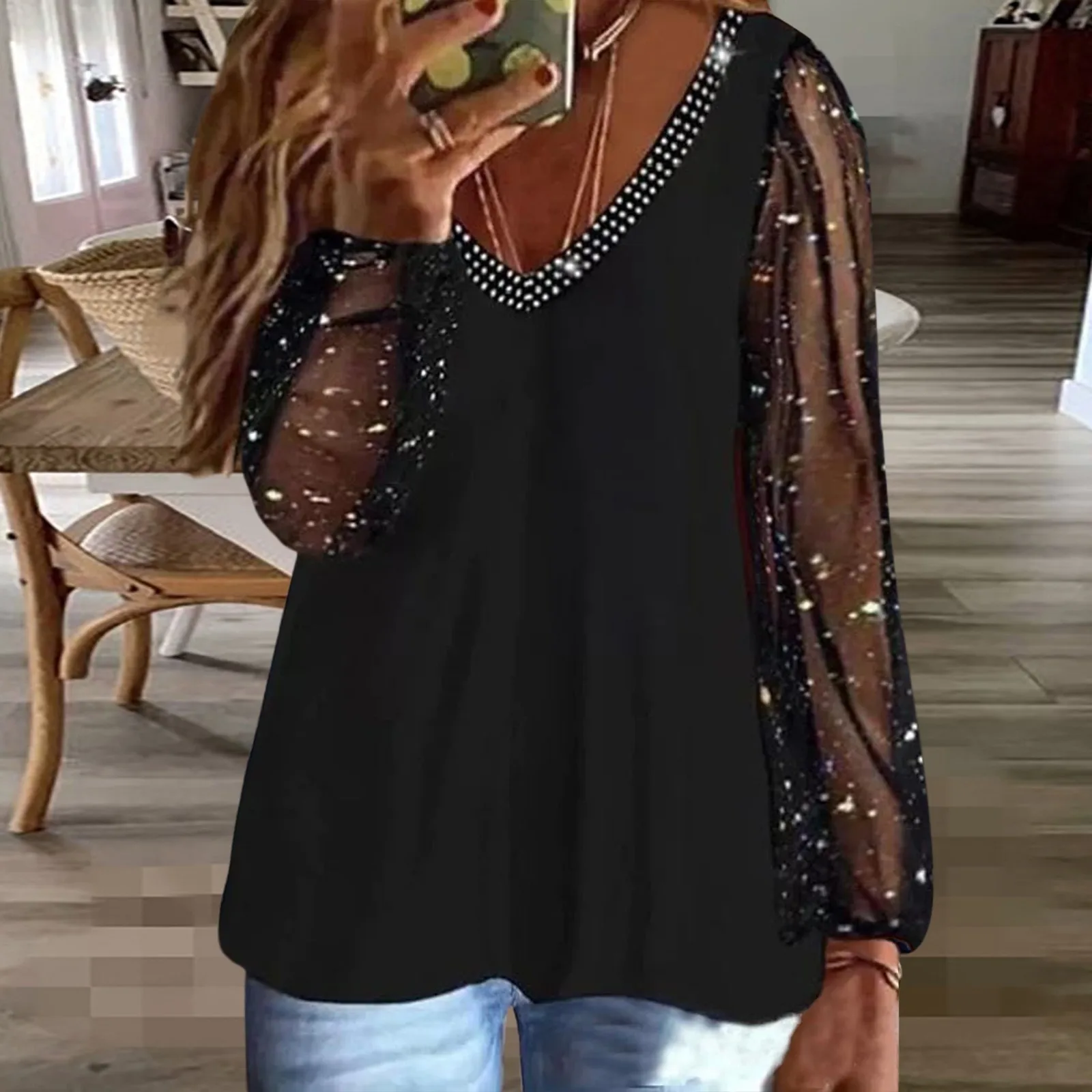 Women Casual Plus Size Solid T Shirt Long Sleeve V Neck Shirt Fit Blouse Loose Tops See Through Sequin Fashion Women Tee Shirts