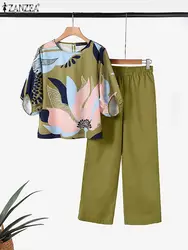 ZANZEA 2PCS Summer Women Casual Work Pants Sets Urban Tracksuit Holiday Outifits Vintage 3/4 Sleeve Floral Blouse Trousers Suits