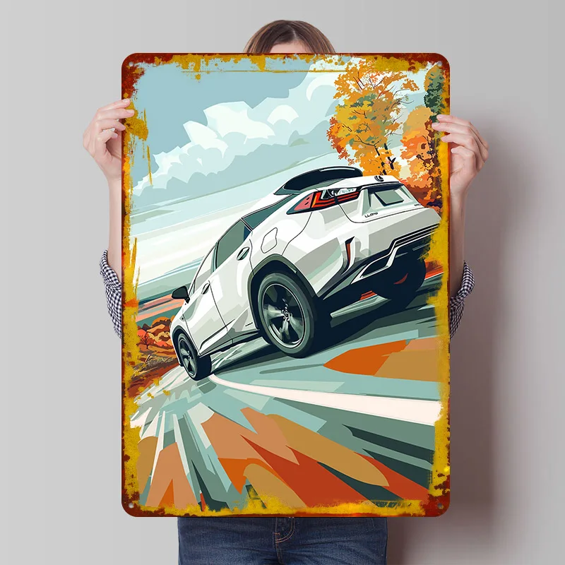 White Sportscar RX on Road Printed Poster Customized Wall Art Retro Vintage Metal Tin Signs for Home Decorations Living Room
