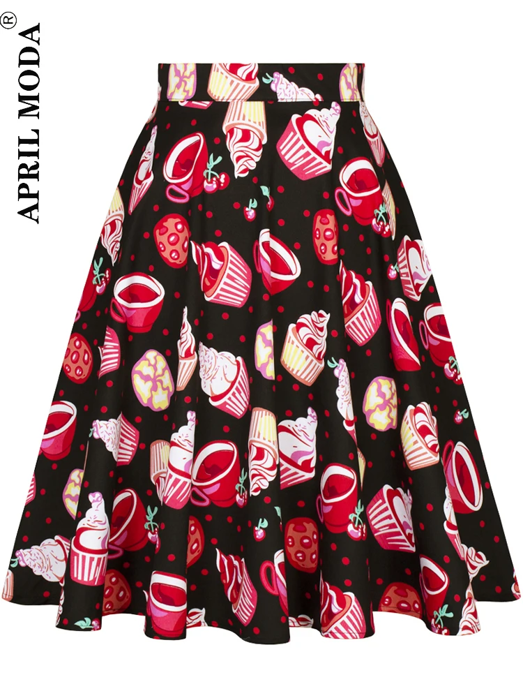 2023 Black Icecream Print Summer Women Skirt Cotton Casual Swing Skater High Waist 40s 50s 60s Retro Rockabilly Vintage Skirts