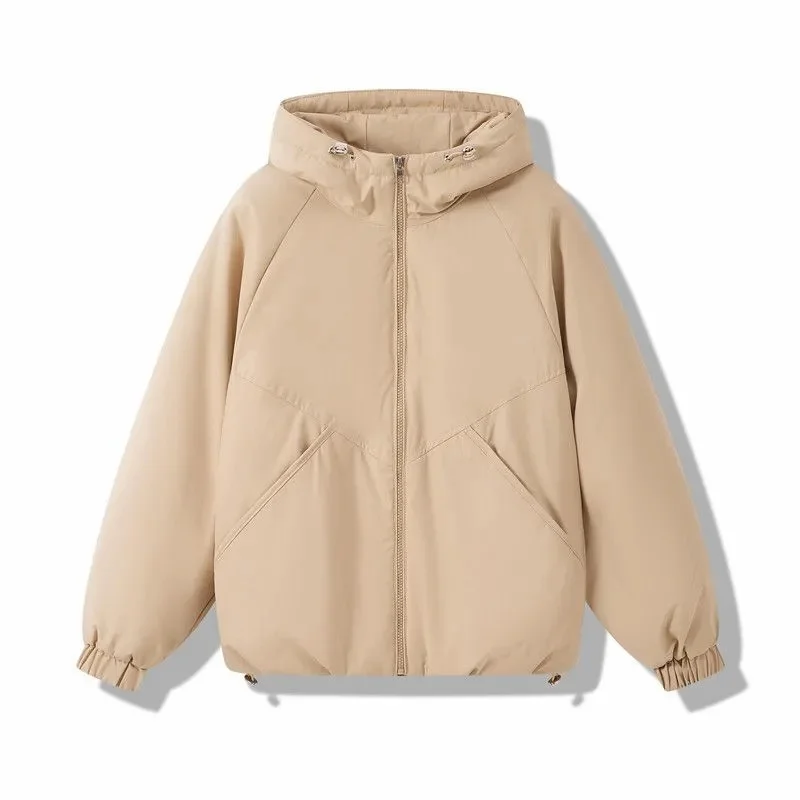 เสื้อแจ็คเก็ตแฟชั่นผู้หญิง รุ่นใหม่ ฤดูใบไม้ร่วง ฤดูหนาว 2025 มีฮู้ด อุ่น บุด้วยผ้าฝ้าย เสื้อโค้ทแบบมีเชือกผูก สไตล์ลำลอง เสื้อคลุมหลวมๆ สำหรับผู้หญิง