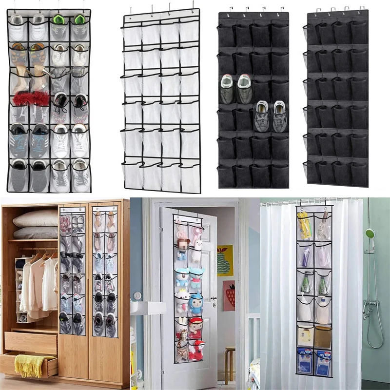 12/24 Grids Wall-Mounted Sundries Shoe Organiser Fabric Closet Bag Storage Rack Mesh Pocket Clear Hanging Over The Door Box