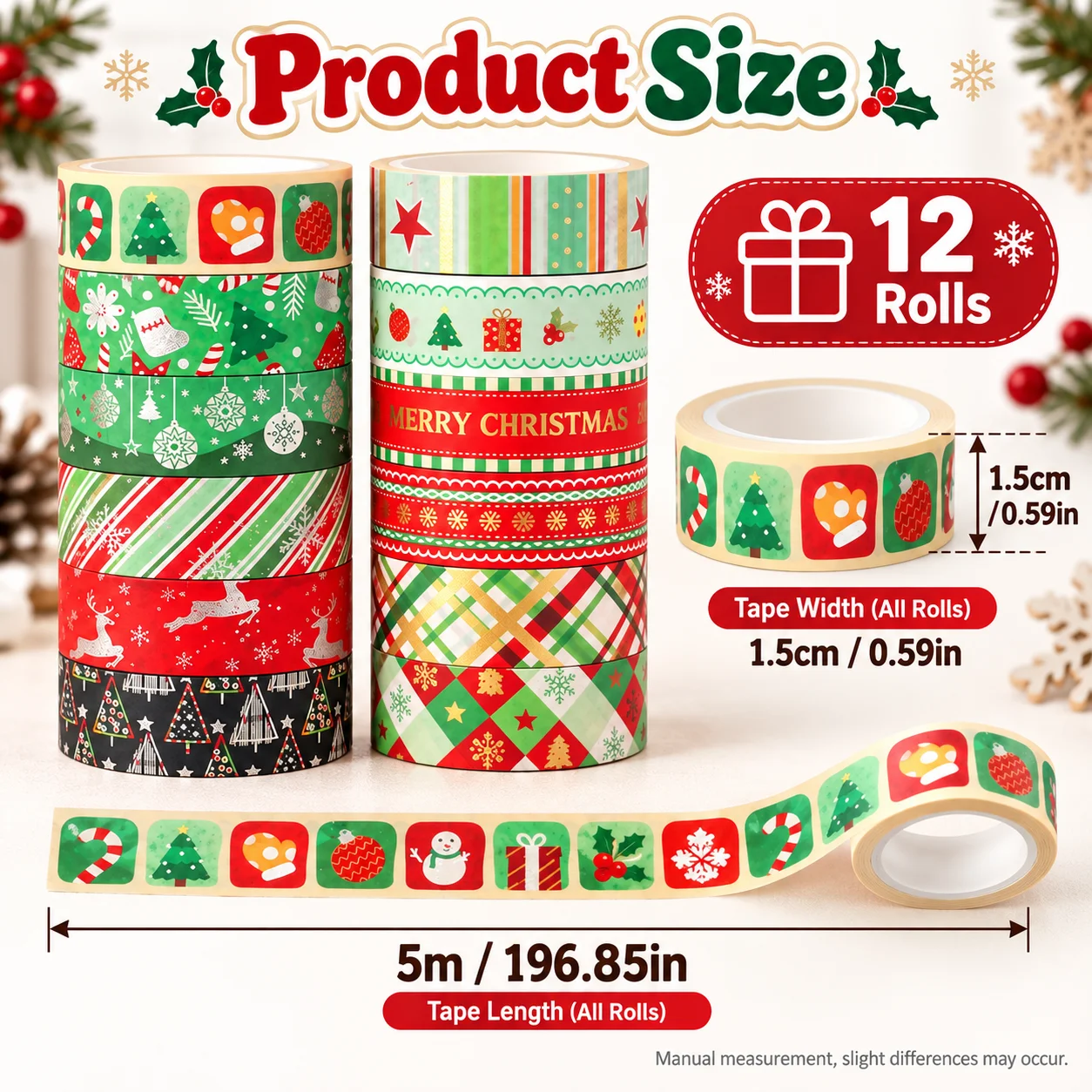 12 Rolls Silver Foil Christmas Washi Tape, 1.5cm X 5m Snowflake Tree Reindeer For Journal Scrapbook Gift Wrap Diy Holiday Decor