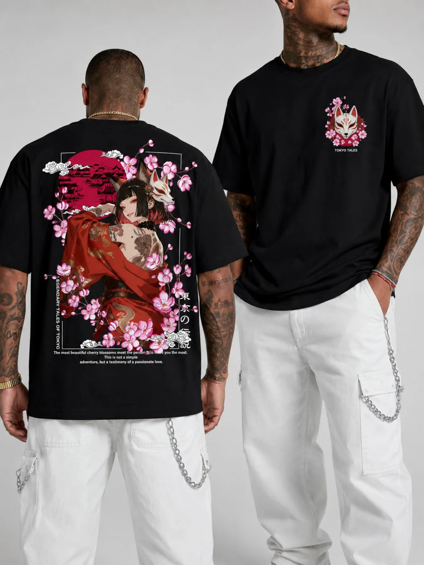 Japanese Style Anime Girl Fox Face Cherry Blossom Red Moon Print Black Loose Short Sleeved T-shirt for Men and Women in Summer