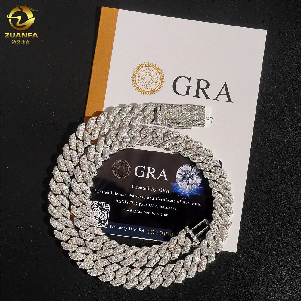 New Arrival Passed Diamond Tester 13mm 3rows S925 Silver Vvs Moissanite Chain Cuban Hip Hop Jewelry