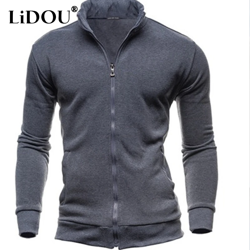 Autumn Winter New Solid Color Fashion Stand Collar Sweatshirts Men High Street Casual Loose Zipper Pockets All-match Cardigan