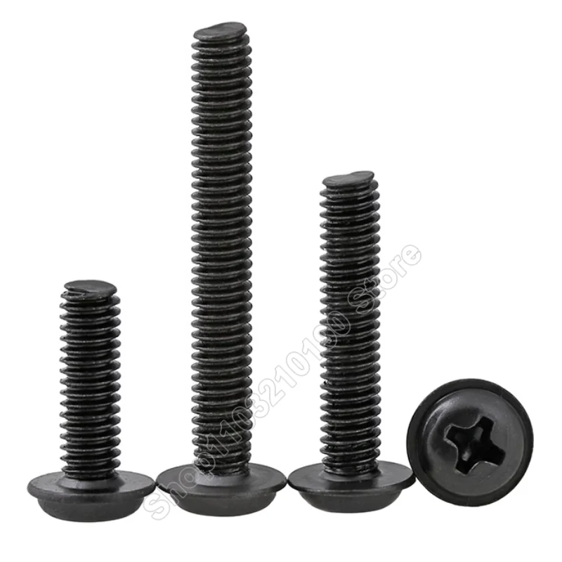 M2 M2.5 M3 M4 M5 Mini Small Black Carbon Steel Cross Phillips Pan Round Head With Washer Collar Pad Screw Bolts Length 3-16mm