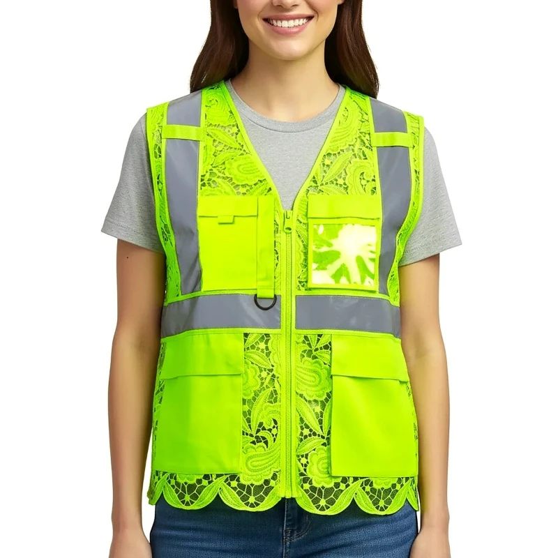 Y2K Pocket Lace Safety Vest Four Utility Snap Pocket Lace Mesh Reflective Tape Zipper Vest Jacket High Visibility Unisex Clothes