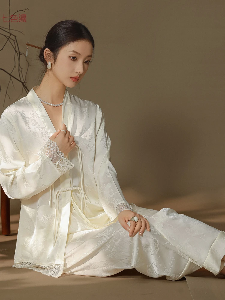 2024 New Chinese Long-Sleeved Satin Thin Pajamas Suit Ice Silk National Style Home Clothes Spring Summer Outer Wear Home Clothes