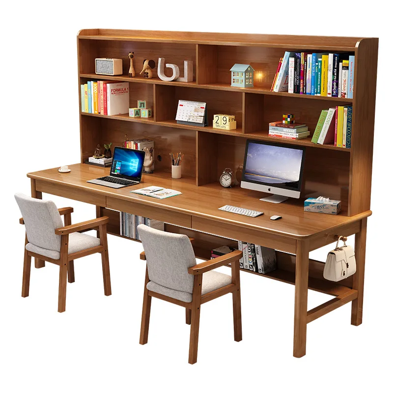 

Solid wood double three-person desk bookshelf integrated writing table student simple home computer table study table e-sports