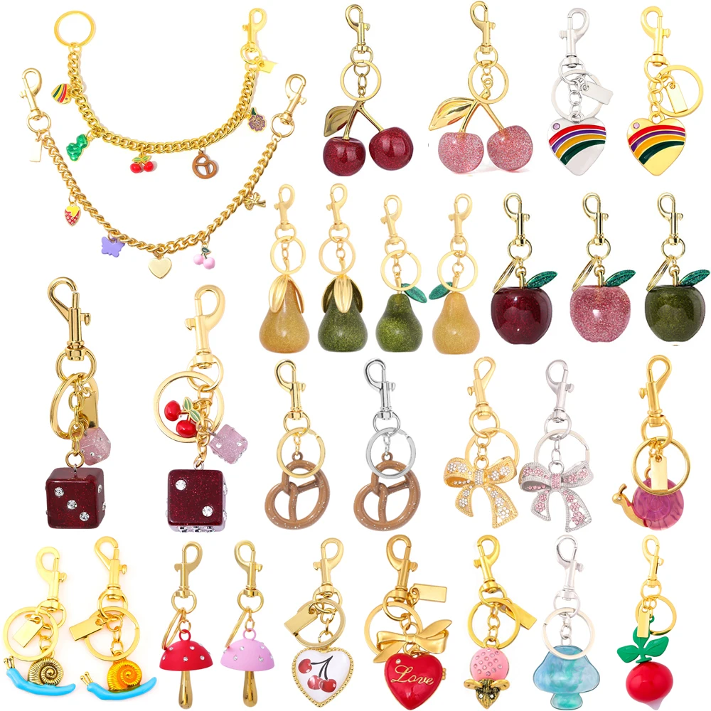 Cereza brillante fresa manzana pera bolso encanto llavero arco Pretzel bolsa de dados colgante llaveros de coche joyería decoración regalo