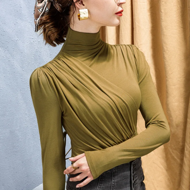 المرأة عادية سماكة قميص دافئ أنيق مكتب بأكمام طويلة تي شيرت وهمية الرقبة المرأة قاع القمم 2024 الخريف الشتاء