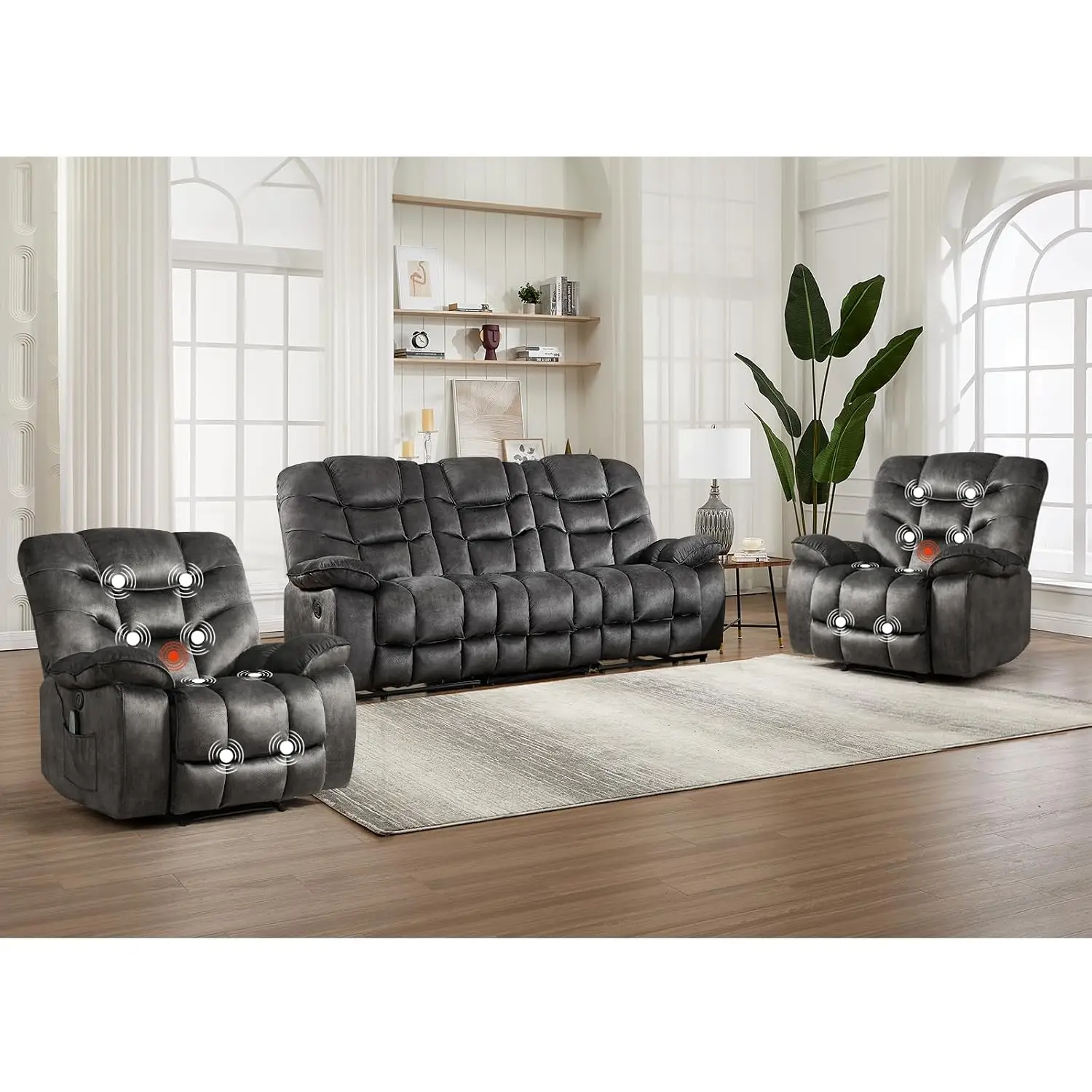 3 Pieces Recliner Sofa Furniture Set, Include 2 Power Recliner Chairs with Message&Heat and a 3-Seater Reclining Couch for Livin