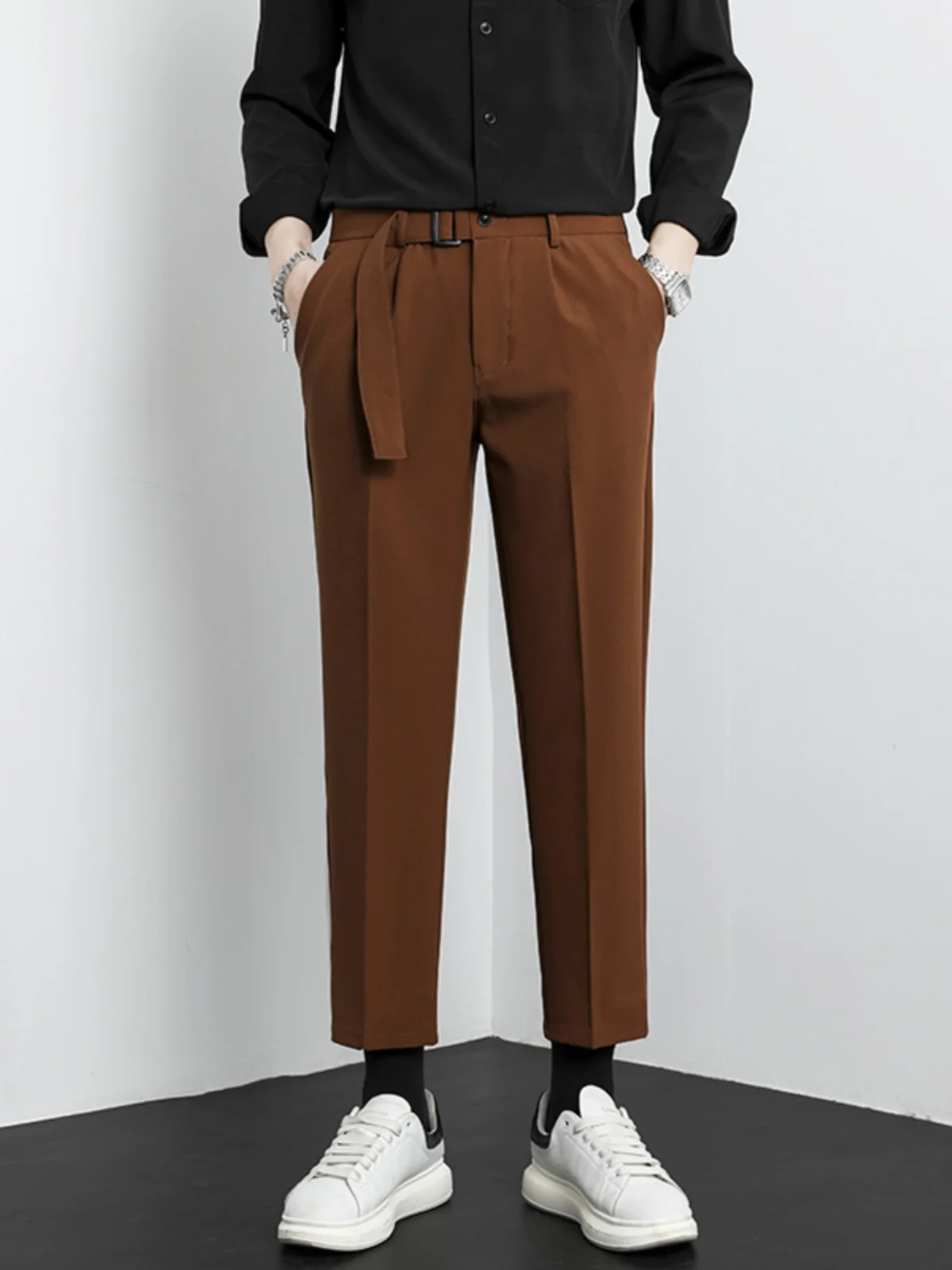 

Мужские повседневные брюки High-End Naples: прямые, черные, осенняя новинка, укороченные, с дизайнерским акцентом, прямого кроя