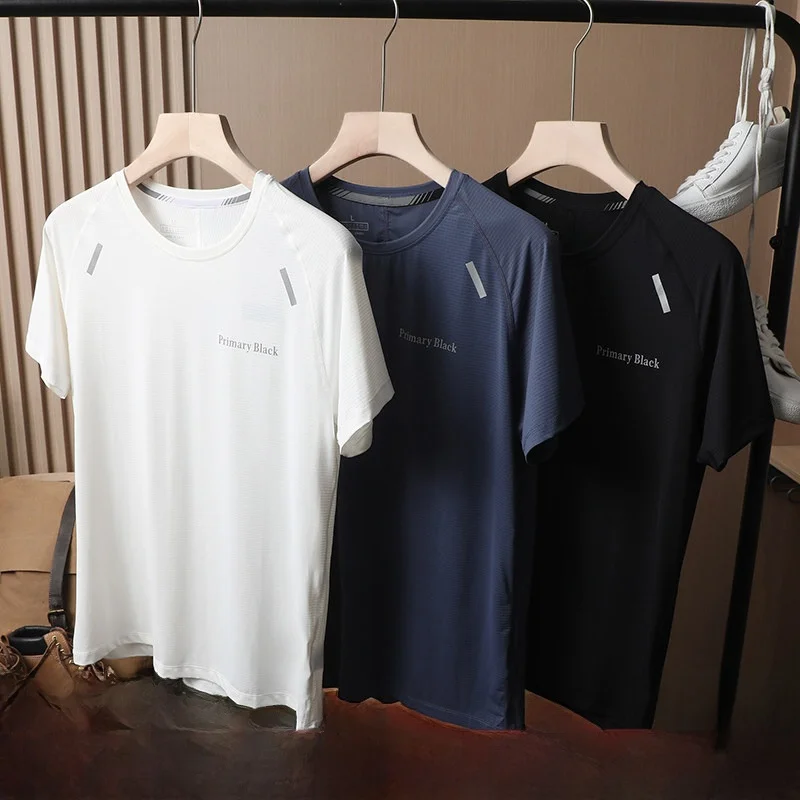 

Ice Silk Nylon ort Sve T-irt round Ne Casual Summer Running Reflective Qui Dry Elastic Men's Sportswear Pookytage