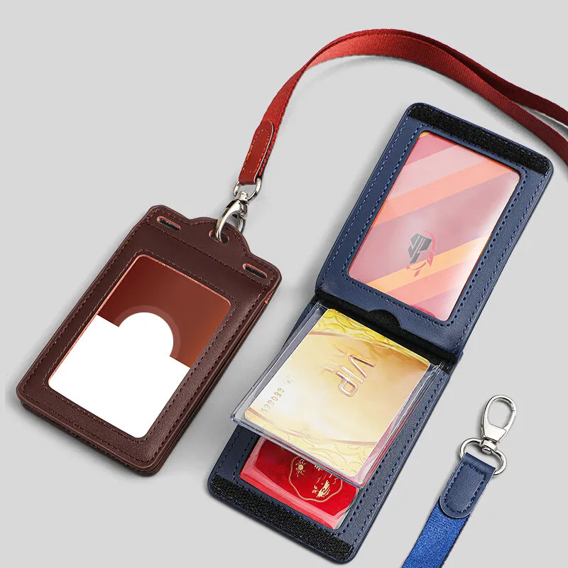 Meerdere kleuren horizontale en verticale werkkaarthouder werknemer badge ID beschermhoes echt leer met sleutelkoord briefpapier