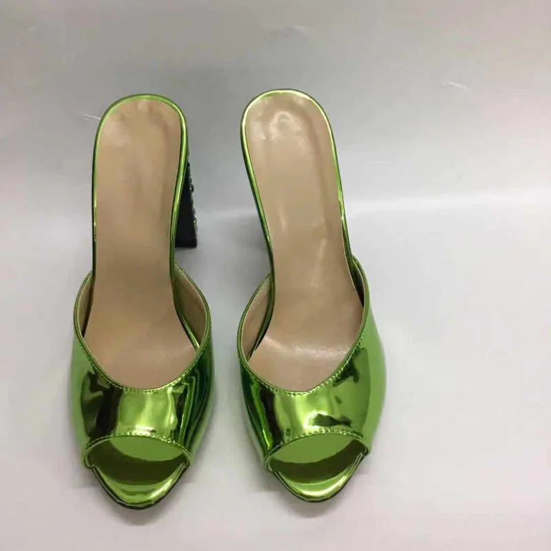 Luxury Green Rhinestone Chunky Heels Women Mules Slingback Sandals Ladies Peep Toe Patent Leather Party Outdoor Shoes Footwear