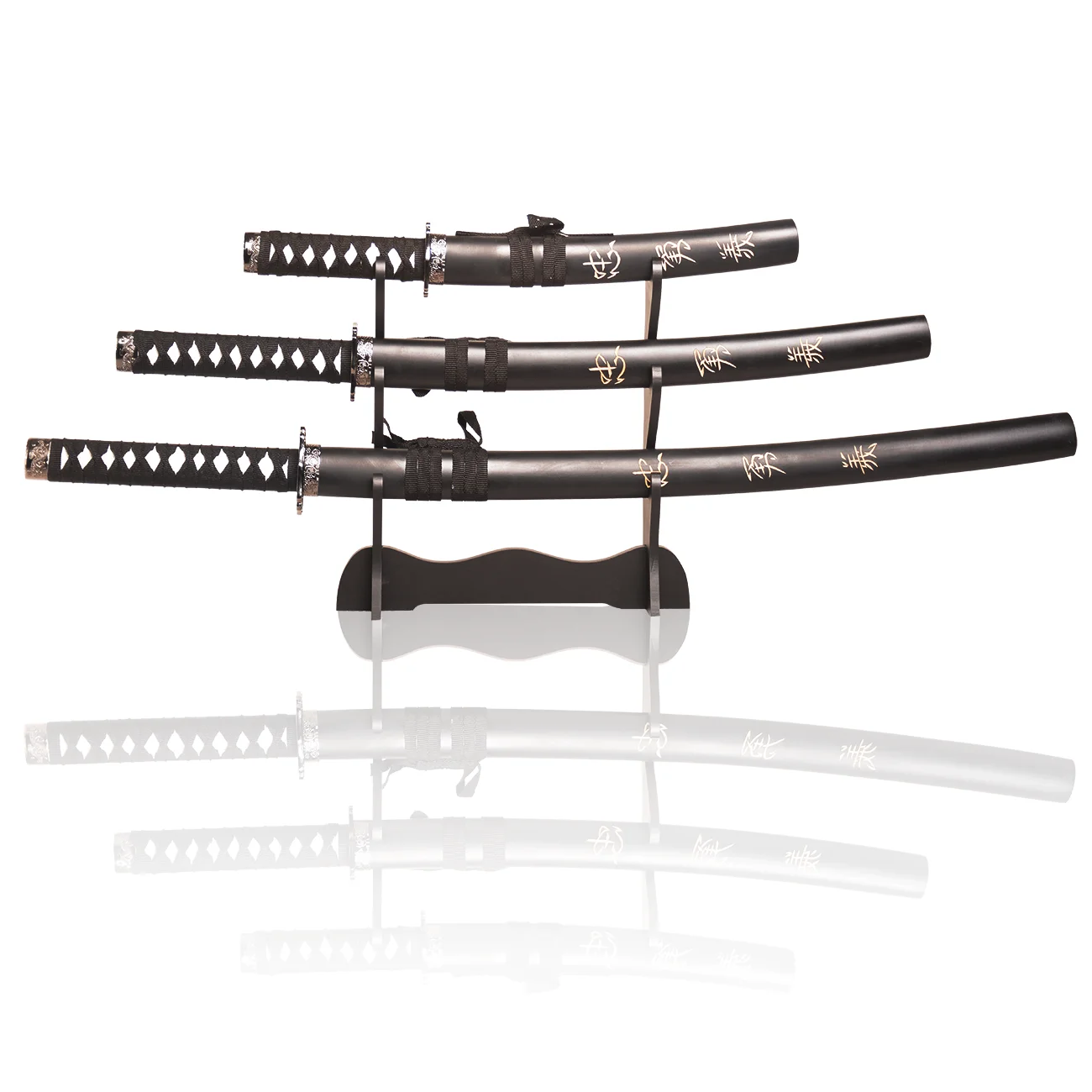 

Authentic Samurai Sword 3-Piece Set with 3-Tier Display Stand - "Loyalty, Justice, Courage" Engraved Scabbards“ Decoration